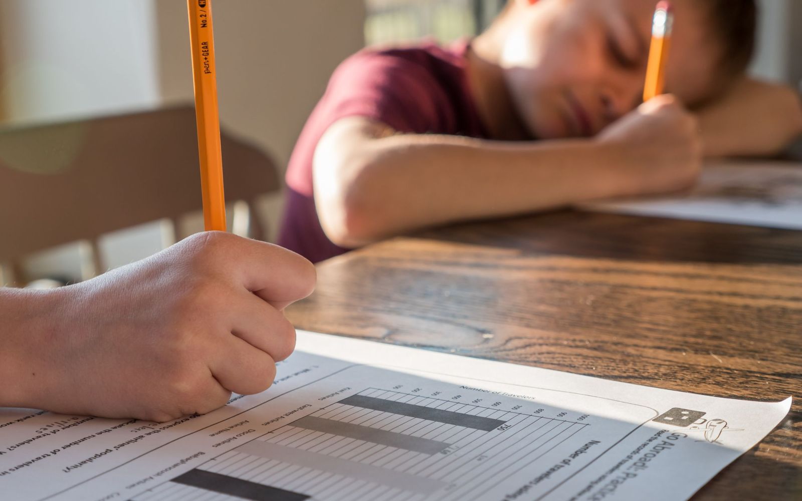 Kinderen maken huiswerk in warm daglicht